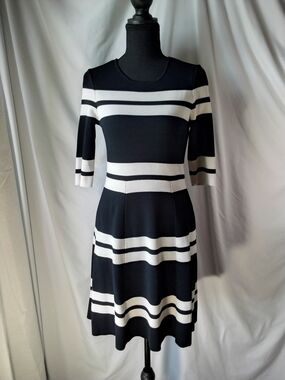 Eliza J Black and White Striped Long Sleeve A-Line Dress